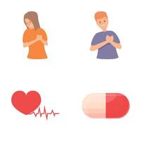 hjärta ge sig på ikoner uppsättning tecknad serie . patient med hjärta sjukdom vektor