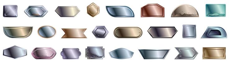 stål metall märka tallrik ikoner uppsättning tecknad serie . järn panel vektor