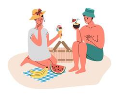 Paar im Liebe haben Picknick durch Strand. jung Menschen Sitzung, entspannend, Essen Eis und Trinken Cocktails. vektor