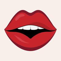 sinnlich Lippen im rot Lippenstift Symbol. öffnen Mund mit gesund Zähne, Weiß lächeln. einfach Logo vektor
