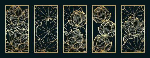 guld lotus blomma linje konst mönster samling. laser skära med linje design mönster. design för trä träsnideri, vägg panel dekor, metall skärande, vägg konst, omslag bakgrund, tapet och baner. vektor