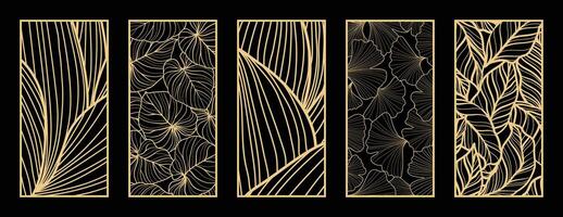 guld botanisk linje konst mönster samling. laser skära med linje design mönster. design för trä träsnideri, vägg panel dekor, metall skärande, vägg konst, omslag bakgrund, tapet och baner. vektor