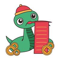 söt rolig ormar karaktär . kinesisk ny år symbol, Lycklig orm karaktär i kinesisk kostym med guld mynt. år av de orm illustration för hälsning kort, klistermärke, kalender, bakgrund. vektor