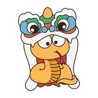 ute komisch Schlangen Charakter . Chinesisch Neu Jahr Symbol, glücklich Schlange Charakter Maskottchen im Löwe tanzen Kostüm. Jahr von das Schlange Illustration zum Gruß Karte, Aufkleber, Kalender, Hintergrund. vektor