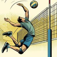en spelare hoppa till skjuta en strand volleyboll framför av netto årgång graverat stil vektor