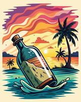 vin flaska på de strand, illustration i retro stil. t skjorta design vektor