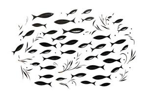 Schule von Fisch, ein Gruppe von Silhouette Fisch schwimmen und Marine Leben Illustration, Tätowierung, Fische. vektor