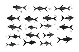 Schule von Fisch, ein Gruppe von Silhouette Fisch schwimmen und Marine Leben Illustration, Tätowierung, Fische. vektor