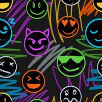 sömlös mönster med abstrakt komisk ansikten i neon färger på svart modern skriva ut för textil, tyg, tapet, omslag, gåva slå in, papper, klippbok och förpackning vektor