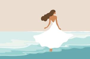 schön Frau im Weiß Kleid auf das Strand Illustration. Sommer- Ferien Strand Konzept vektor