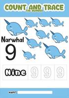 Nummerierung Spur und Farbe Narwal .für Kinder. vektor