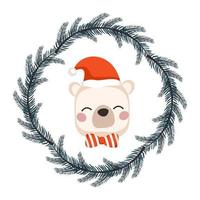süßer weißer eisbär in hut und schleife im kindlichen stil mit rahmen aus festlichem weihnachtskranz. lustiges Tier mit glücklichem Gesicht. flache Vektorgrafik für Urlaub und Neujahr vektor