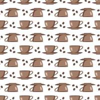 nahtloses Muster mit Tassen, Untertassen und Kaffeebohnen. Bedrucken Sie mit Tassen für Cafés, Textilien und Design. flache Vektorgrafik vektor