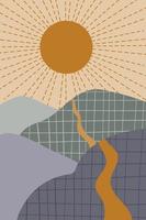 abstrakte minimalistische Vektorlandschaft mit Bergen, Sonne und Straße. flaches Design-Vektor-Illustration für Poster, Druck