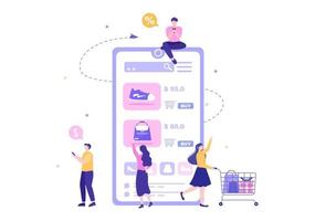 mobil butik eller shopping online i applikationsvektorillustration. digital marknadsföringskampanj, betalning och köp via kreditkort för affisch vektor