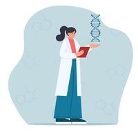 weiblich Mitarbeiter von genetisch Labor hält DNA Spiral. Genom Forschung. genetisch Ingenieurwesen Konzept. vektor