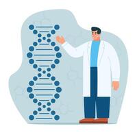 Labor Forschung und Entwicklung. Medizin Technologie genetisch testen. Wissenschaftler Zeichen Arbeiten mit DNA Spiral. Arzt recherchieren Zellen. genetisch Ingenieurwesen Konzept. vektor