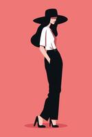 Modell- Frau im Weiß Kleid mit schwarz Hut. schön jung Frau im Mode Kleidung. stilvoll Pose vektor