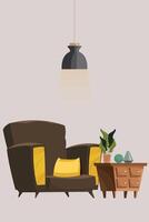 Hem möbel, levande rum interiör design. soffa stolar, bord, blomma vaser, hängande lampor, säng lampor. minimal sammansättning 3d tolkning. vektor