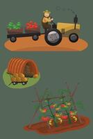einstellen lokal organisch Bauernhof. landwirtschaftlich Arbeitskräfte Transport und verkaufen Getreide. Pflanzen und Fahren ein Traktor. vektor