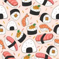 sömlös mönster med illustrationer av olika platt design sushi vektor