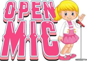 Open-Mic-Logo-Design mit Sängerin-Cartoon-Figur vektor