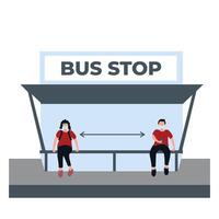 ein Mann und Frau tun Sozial Distanzierung und tragen Masker beim das Bus halt - - eben Abbildungen isoliert auf Weiß vektor