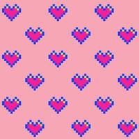nahtlos Muster von Rosa Pixel Herzen mit ein Blau Gliederung auf ein Rosa Hintergrund, 8 Bit vektor