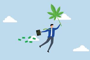 machen Geld und Reich mit Cannabis Geschäft, ein Reich Mann fliegt mit ein Cannabis Blatt und halt Koffer voll von Geld. vektor