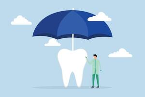 Dental Abdeckung Gesundheitswesen und medizinisch kosten, Zahnarzt steht mit stark sauber Zahn unter groß Regenschirm Abdeckung. vektor