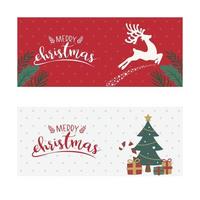 zwei horizontale Weihnachtskarten mit leuchtenden Schneeflocken, Bändern und bunten Kugeln. Neujahrs- und Weihnachtskartenillustration auf hellem Hintergrund vektor
