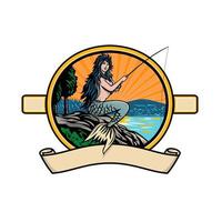 Meerjungfrau oder Sirene mit Angelrute und Rolle Fliegenfischen auf See oval Retro-Stil vektor