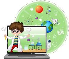 Laptop mit Wissenschaftler-Kind-Cartoon-Figur vektor