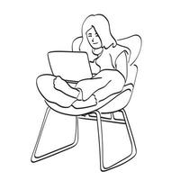 linjekonst affärskvinna som arbetar på bärbar dator hemma illustration vektor isolerad på vit bakgrund