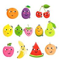 Früchte Zeichen Symbol. süß Früchte Komposition. handgemalt Karikatur Gekritzel im einfach naiv Stil. Baby Zeichen mit lächelt. vektor