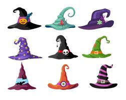 tecknad serie häxa hattar, halloween fest kostym element. trollkarl randig hattar. häxa hattar ikoner, tecknad serie trollkarl huvudbonader, traditionell trollkarl caps vektor