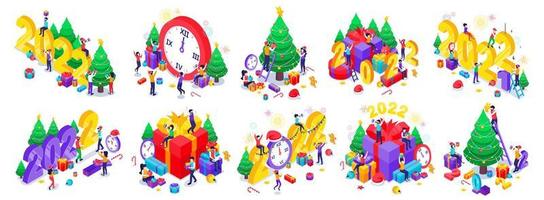 Satz von Weihnachten und guten Rutsch ins Neue Jahr-Design-Konzept. Menschen feiern Weihnachten und Neujahr mit Weihnachtsbaum, Geschenkboxen und Feuerwerk. isometrische Vektorillustration vektor