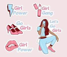 girl powers klistermärken samling med flicka illustration och några element vektor