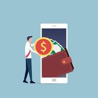 Smartphone-Bildschirm mit Geldbörse und Geld auf dem Bildschirm. Internet-Banking-Konzept. kabelloser Geldtransfer mit App.