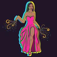 Neon-Illustration einer Frau auf der Bühne in einem rosa flatternden Kleid. fabelhaftes Modell, das den Laufsteg mit magischen Funkeln macht, die aus ihren Händen aufsteigen. vektor