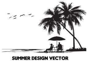 Sommer- Design Palme Baum Sitzung auf Stuhl Vorderseite Tabelle und Regenschirm Mann Strand zum drucken auf Nachfrage schwarz Fett gedruckt einfach Gliederung auf Weiß Hintergrund kostenlos Design vektor
