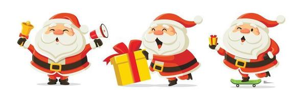 Sammlungssatz von Cartoon-Weihnachtsmann. Happy Santa schiebt Weihnachtsgeschenkbox, hält Glocke und Megaphon und liefert Weihnachtsgeschenk per Skateboard. lustiger und süßer Charakter vektor