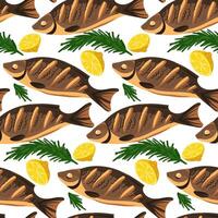 en mönster av hela hav fisk med citron- och rosmarin på vit. den är lämplig för dekorera de menyer av skaldjur restauranger. sömlös textur med färdiga utegrill Produkter vektor