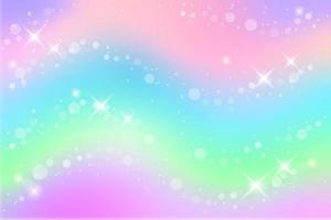 Regenbogen-Fantasy-Hintergrund. Holographische Illustration in Pastellfarben. mehrfarbiger Himmel mit Sternen und Bokeh. vektor