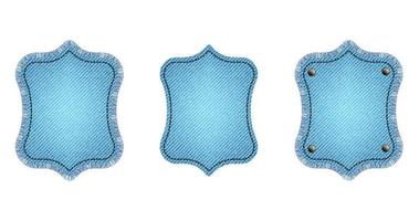 set med blå jeanslappar med söm, nitar och fransar. ljusblå denim. vintage patchar vektor