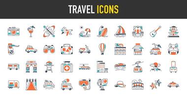 Reise Symbol Satz. eine solche wie Sommer- Ferien und Urlaub, Eintrittskarten, Koffer, Kamera, Hotel, Strand, Flugzeug, historisch Platz und Mehr Symbole Illustration. Sammlung von Reisen Tourismus Elemente vektor