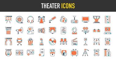 teater ikoner uppsättning. sådan som ikon som bio, filma, film, tv, kamera, CD, musik spelare, biljetter, tv, 3d glasögon och Mer. illustration. vektor