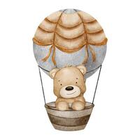 teddy Björn är flygande i en varm luft ballong. söt isolerat hand dragen bebis vattenfärg illustration. ClipArt för bebis dusch kort, inbjudningar, affischer, barn varor, kläder vektor