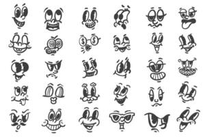 tecknad serie retro ansikten. årgång maskotar med komisk söt ögon och munnar. rolig ikoner uppsättning av Lycklig leende karaktär uttryck. 30-50-tal design känslor element. enkel karikatyr huvuden vektor