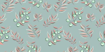 mynta sömlös mönster med kreativ mycket liten grenar, former oliver bär. hand ritade. enkel pastell grön bakgrund med abstrakt löv stjälkar. mall för mönster, textil, tyg, utskrift vektor